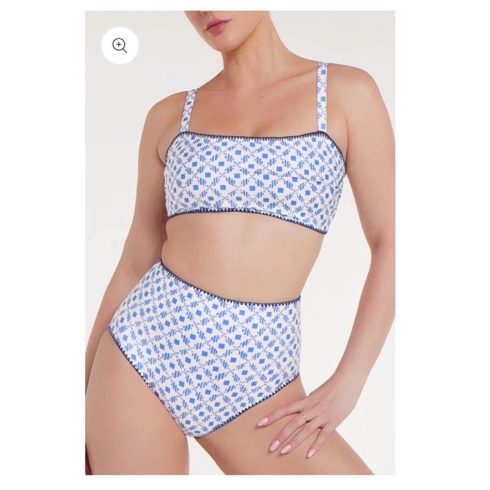 Blue and White Geometric High-Waist Bikini Set